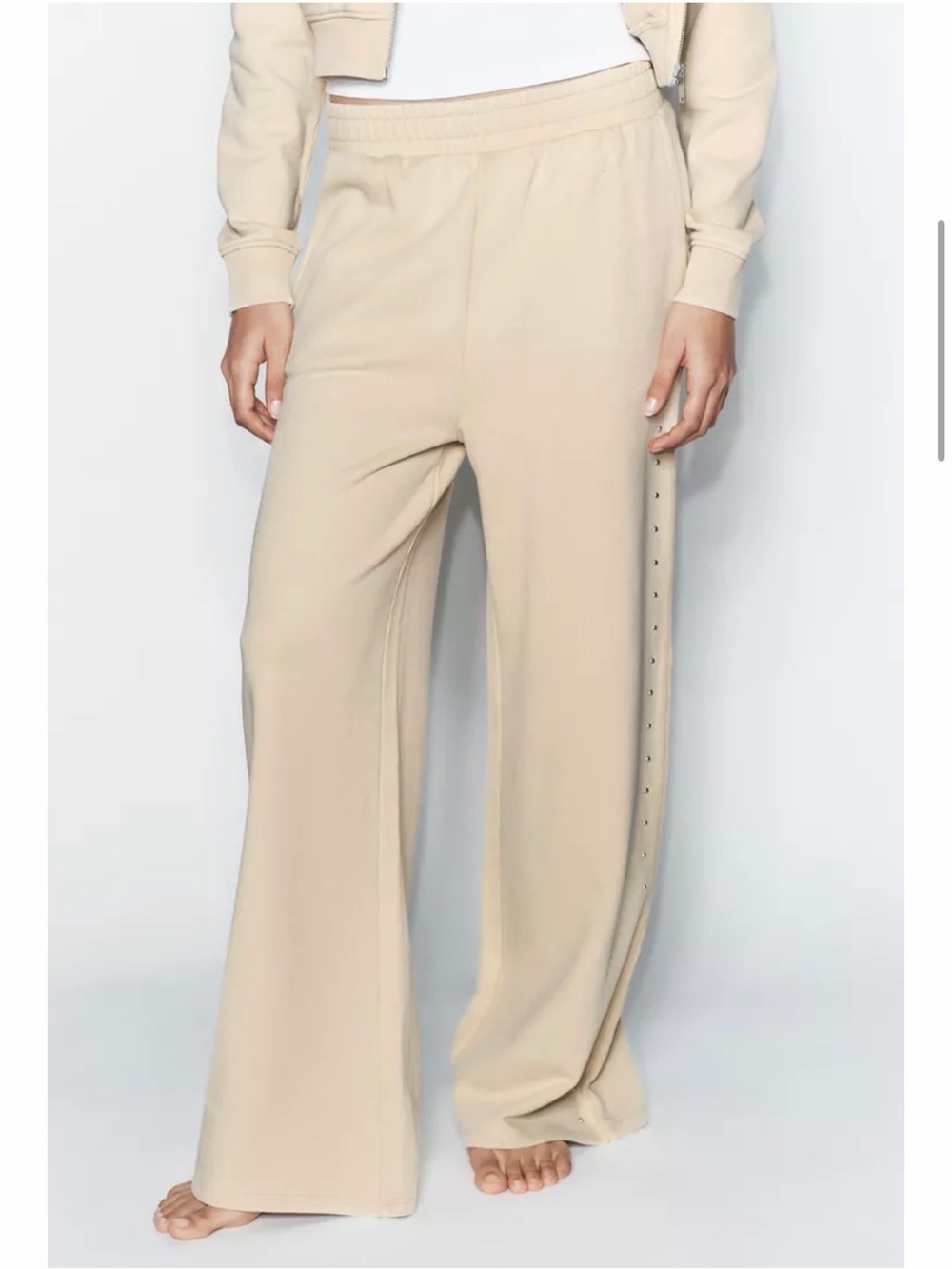 Zara Beige Wide-Leg Pull-On Pants with Side Stud Detail